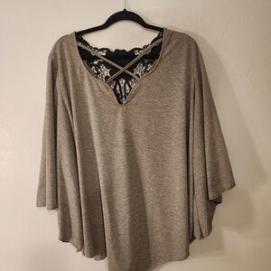 Unique Grey Top With Bell Sleeves And Black Lace